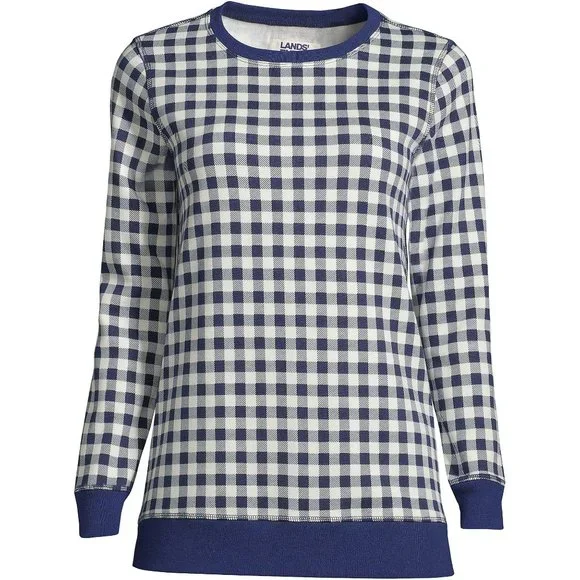 Fleece Reversible Tunic Sweatshirt Cream and Dark Blue Checks Checkered size M - Picture 3 of 5